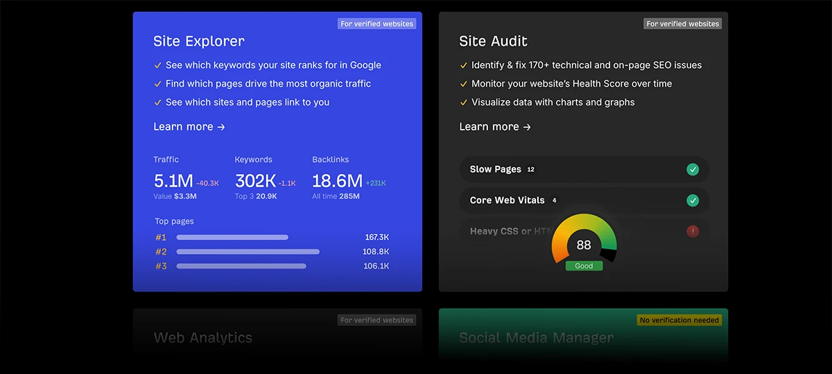 An example of some of the tools you get with a free Ahrefs account
